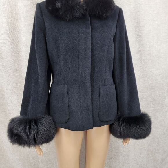 Patty Lewis Vintage Cashmere Wool Elegant Black Fur Trimmed Women's Jacket Coat - Picture 4 of 11